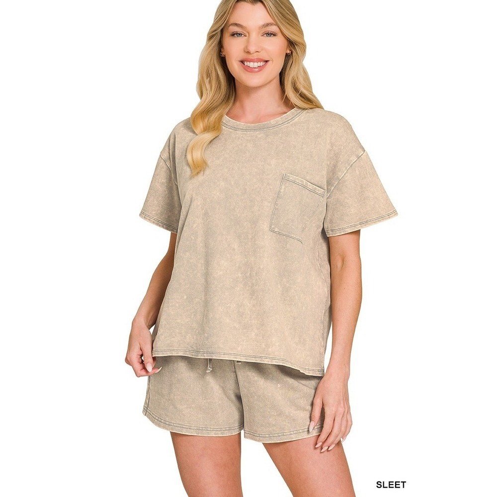 Zenana French Terry Acid Washed Relaxed Top & Short Set - Medium